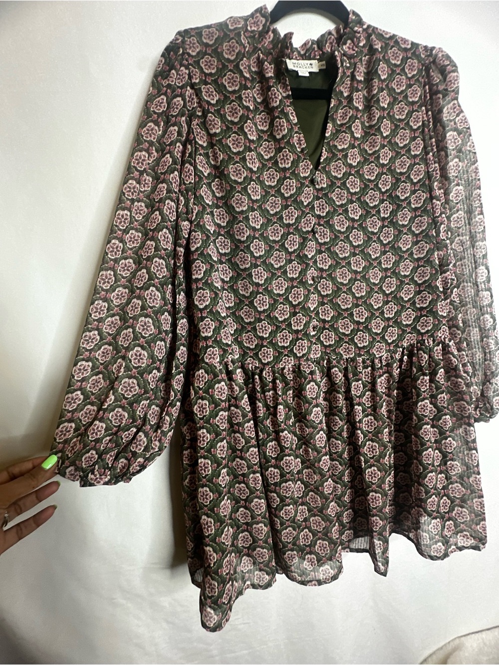 Molly Bracken Olive Tunic Dress with Pink Floral Print - Picture 2 of 7